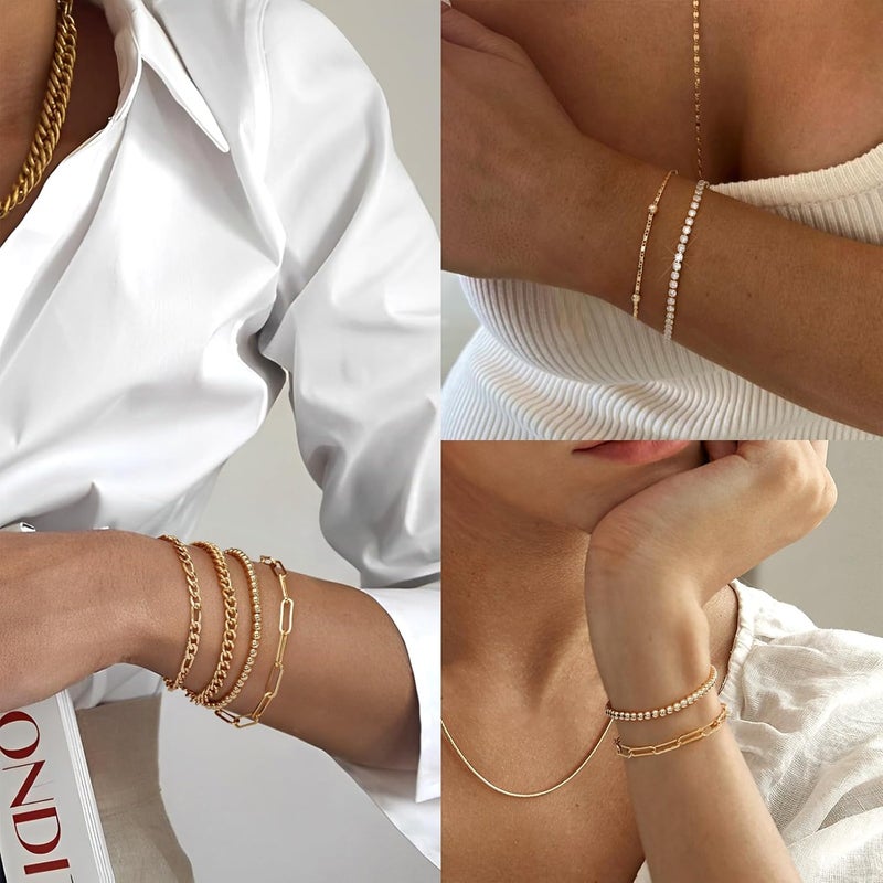adoyi Gold Bracelets for Women, 14K Gold Plated Stackable Bracelet Stack Set Adjustable Charm Paperclip Chain Cuban Link Layered Waterproof Jewelry Sets Gifts for Womens 6.0/6.8/7.2" - Image 2